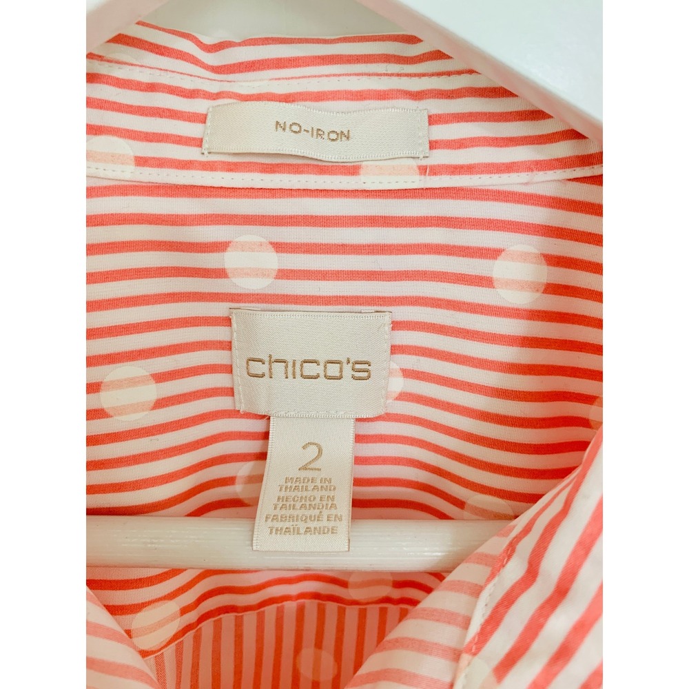 Chicos No Iron Button Down Coral Striped Polka Dot Shirt Size 2 (L-12) - Picture 6 of 14